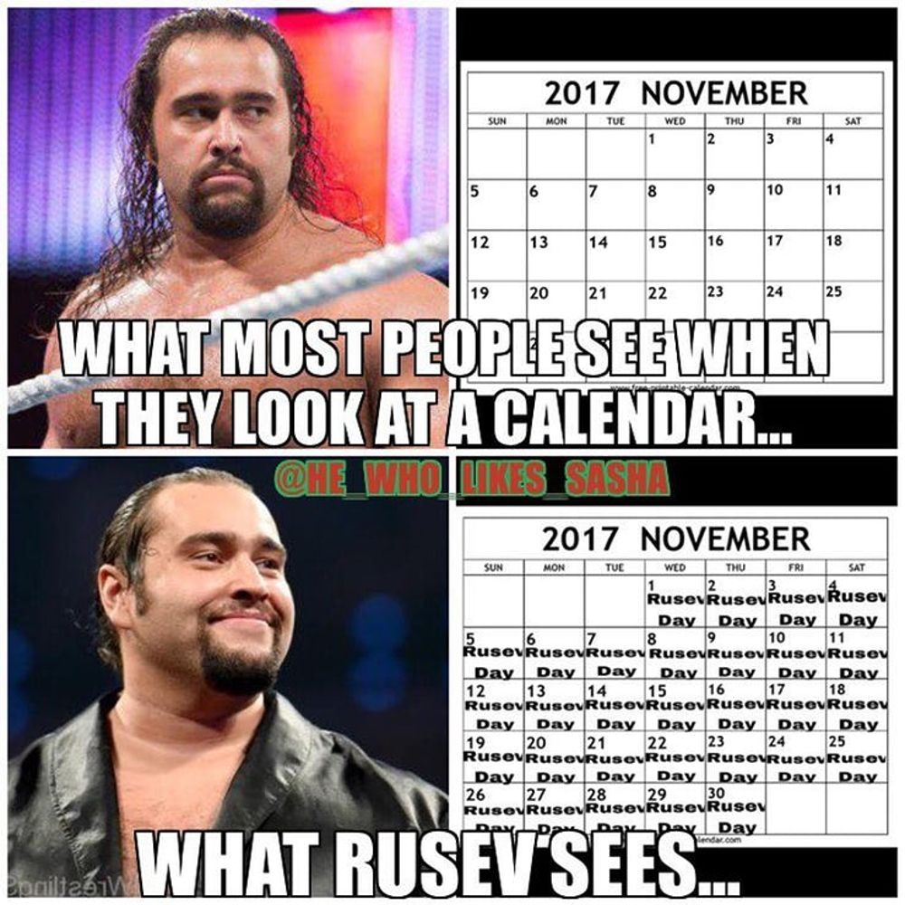 A meme about the popular Rusev Day phenomenon