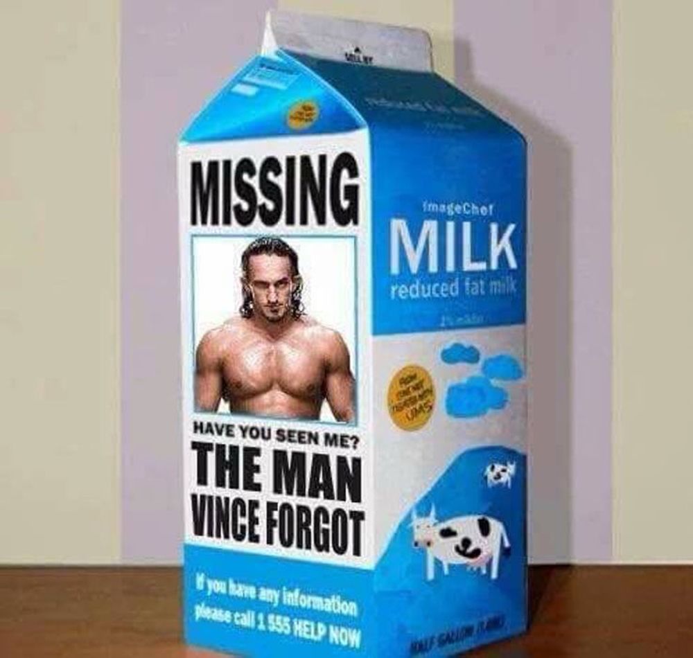A meme featuring wrestler Neville as a missing person on a milk carton