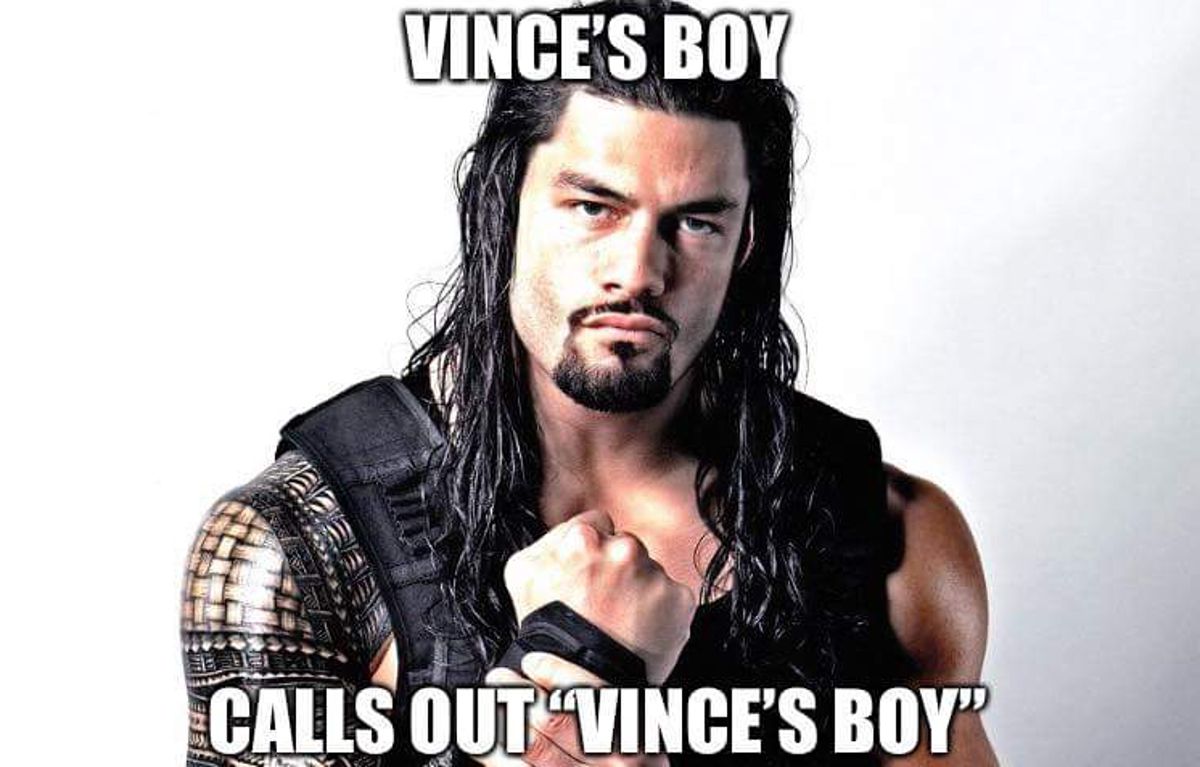 A meme showing WWE's Roman Reigns calling out someone for being &quot;Vince's Boy&quot;