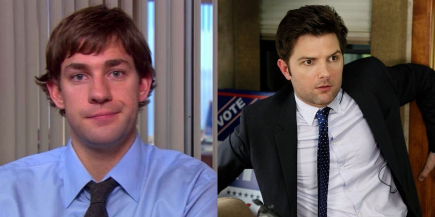 A split image of Jim from The Office in a confessional and Ben from Parks and Rec at work