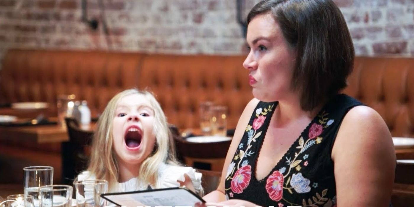 A woman at a restaurant with a screaming child on Wife Swap
