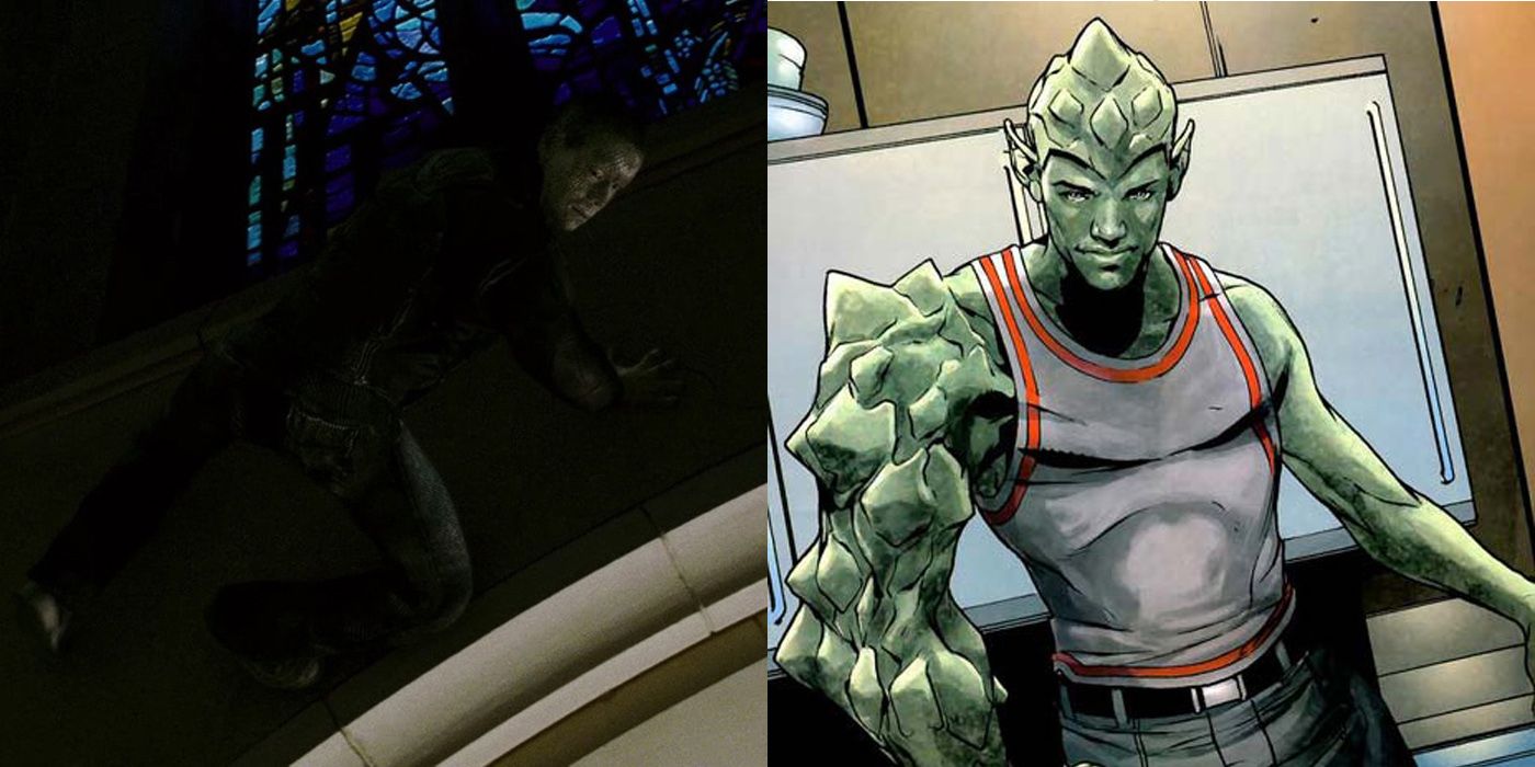 Side-by-side image of Anole crawling on wall in X-Men the Last Stand and Anole in Marvel X-Men Comics