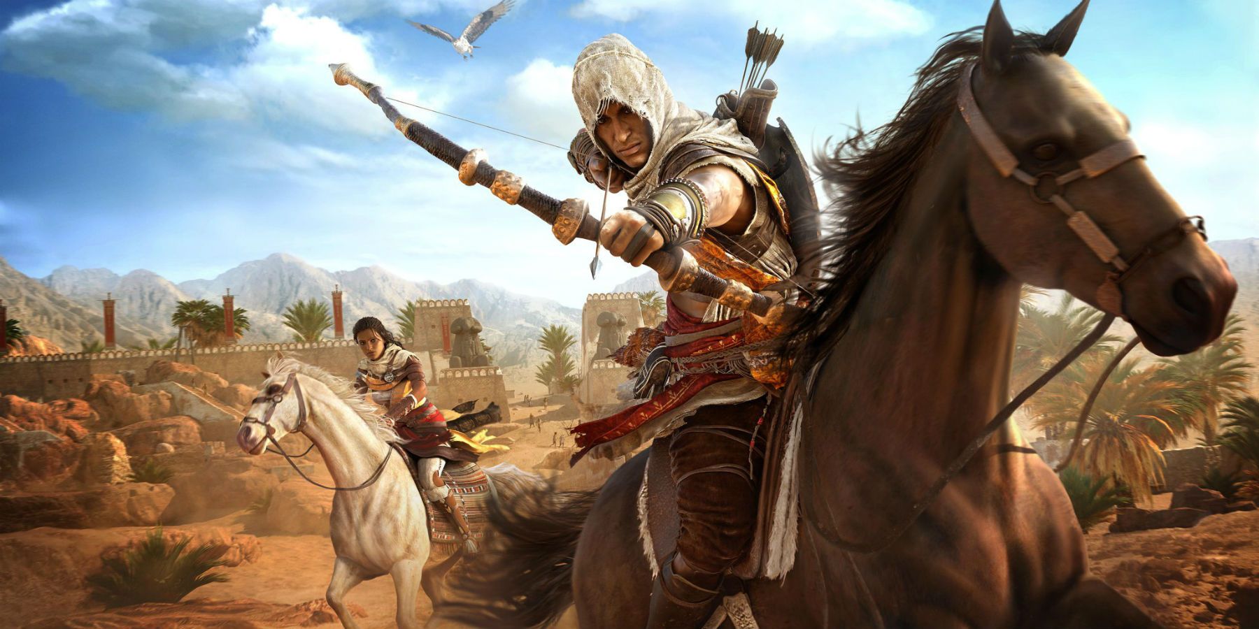 Assassins Creed Origins protagonist Bayek aiming his bow while horseback in the desert.