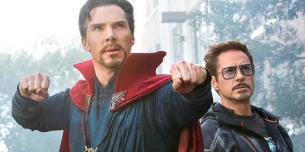 Benedict Cumberbatch as Doctor Strange and Robert Downey Jr as Iron Man in Avengers Infinity War