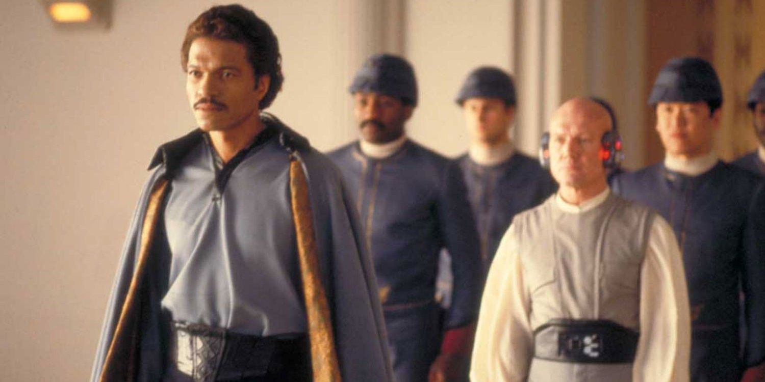 Lando comes out to meet Han and his crew accompanied by Lobot in The Empire Strikes Back