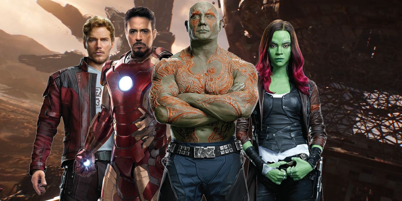 Chris Pratt Robert Downey Jr Dave Bautista Zoe Saldana in Avengers Infinity War