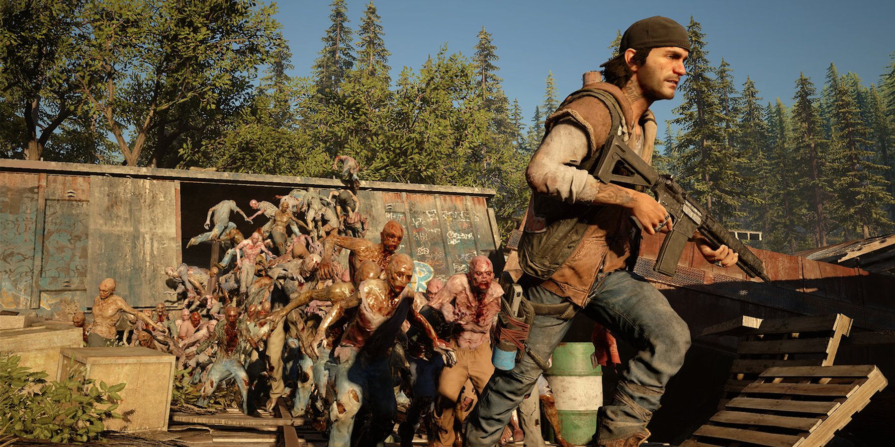 Deacon outrunning a horde of zombies in Days Gone (2019)