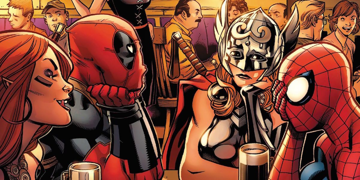 Deadpool and Spider-Man on a double date with Thor and Succubus in Marvel Comics