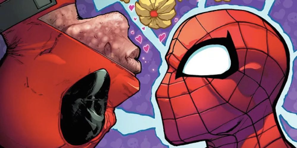 Deadpool prestes a beijar o Homem-Aranha na Marvel Comics