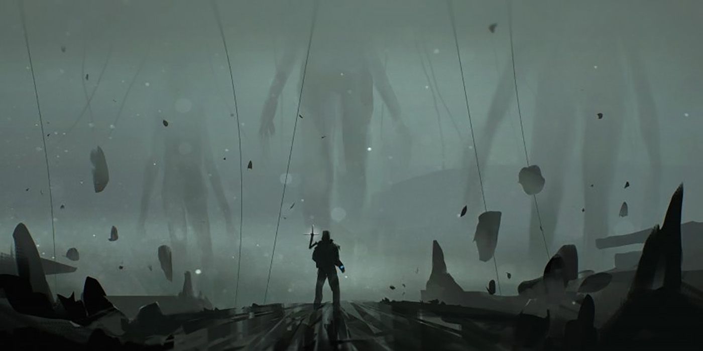 An image showing Sam facing BTs as the ground around him erodes in the game Death Stranding.