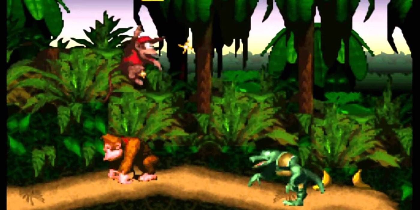 Donkey Kong and Diddy Kong in Donkey Kong Country's jungle