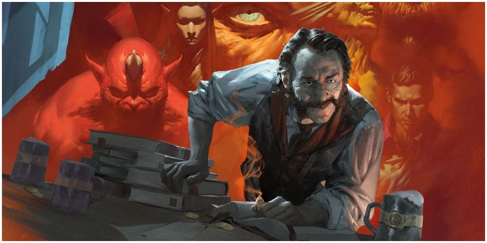 A man leans over a pile of books from Dungeons and Dragons, while various sinister images appear behind him, including a demonic beast and the sinister glares of other humanoids.