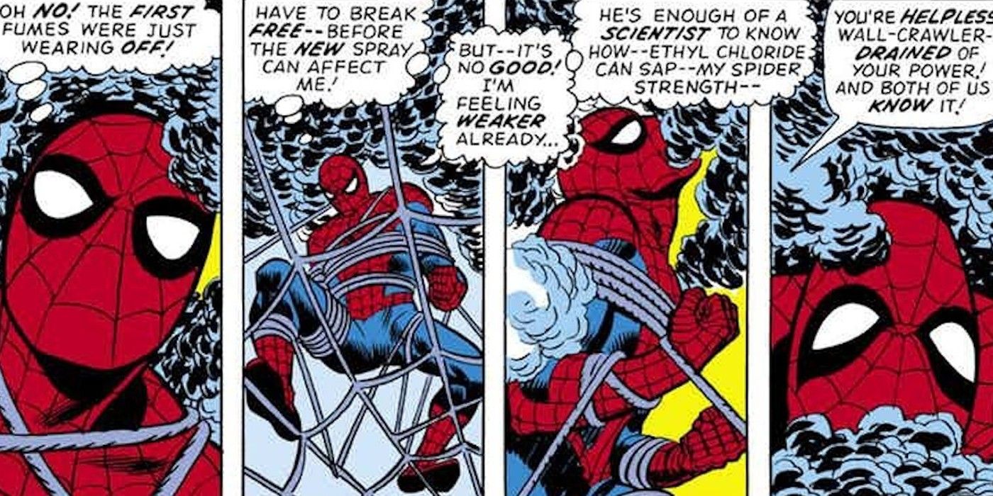 Peter is damaged by Ethyl Chloride in Marvel Comics