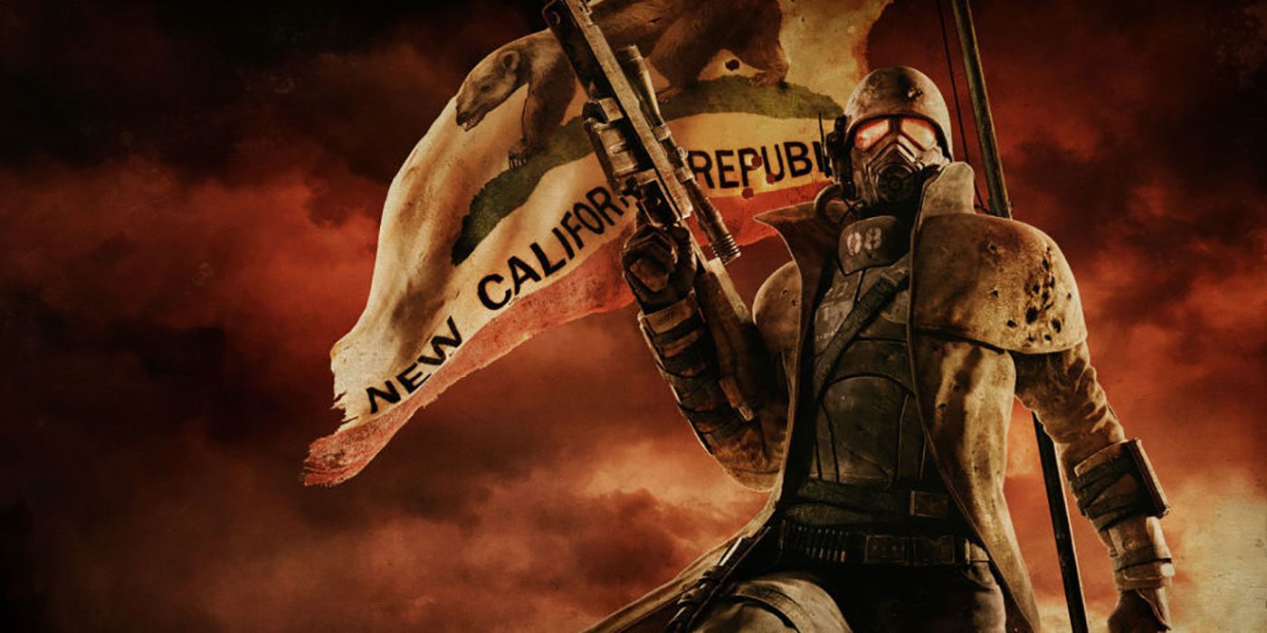A figure in NCR Ranger armor holding a gun and standing in front of an NCR flag from Fallout: New Vegas