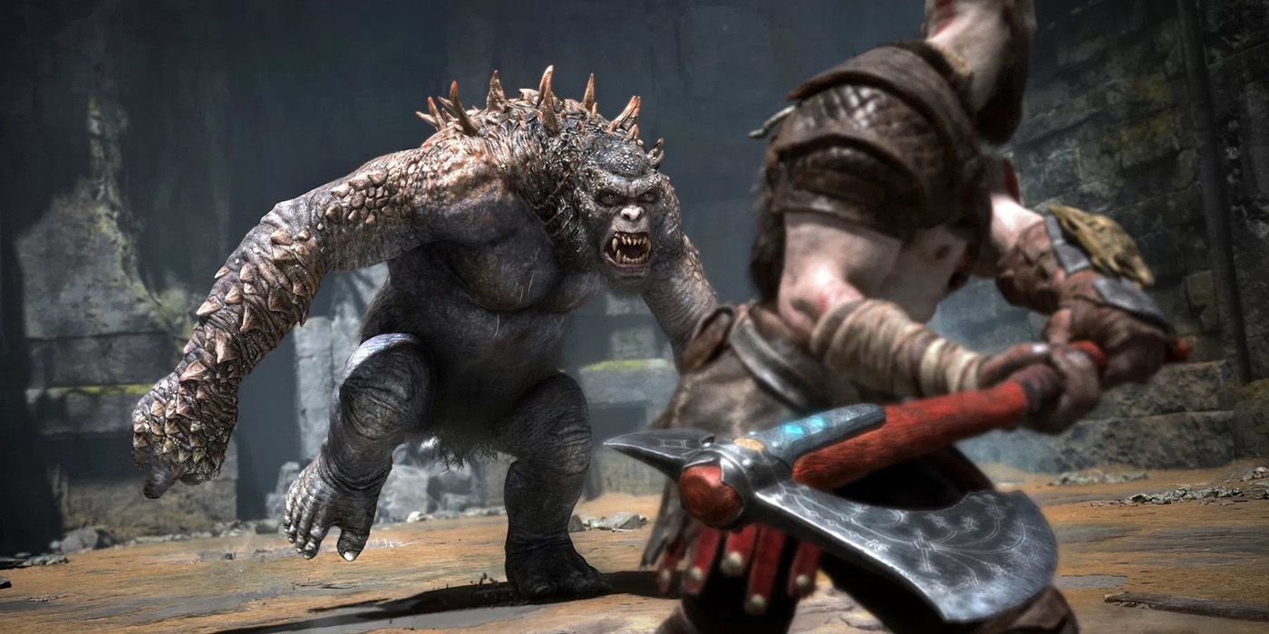 A God of War Boss Fight featuring Kratos and a troll