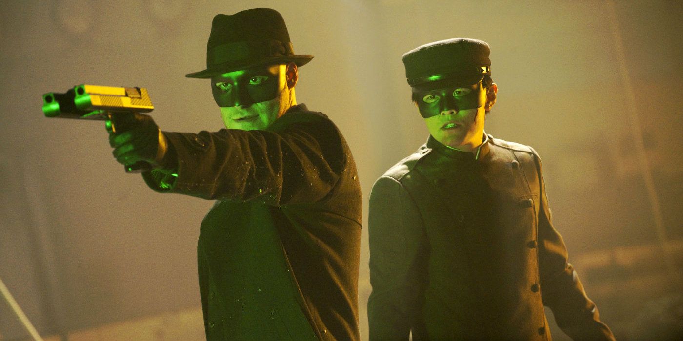 Seth Rogen and Jay Chou tinted green in The Green Hornet
