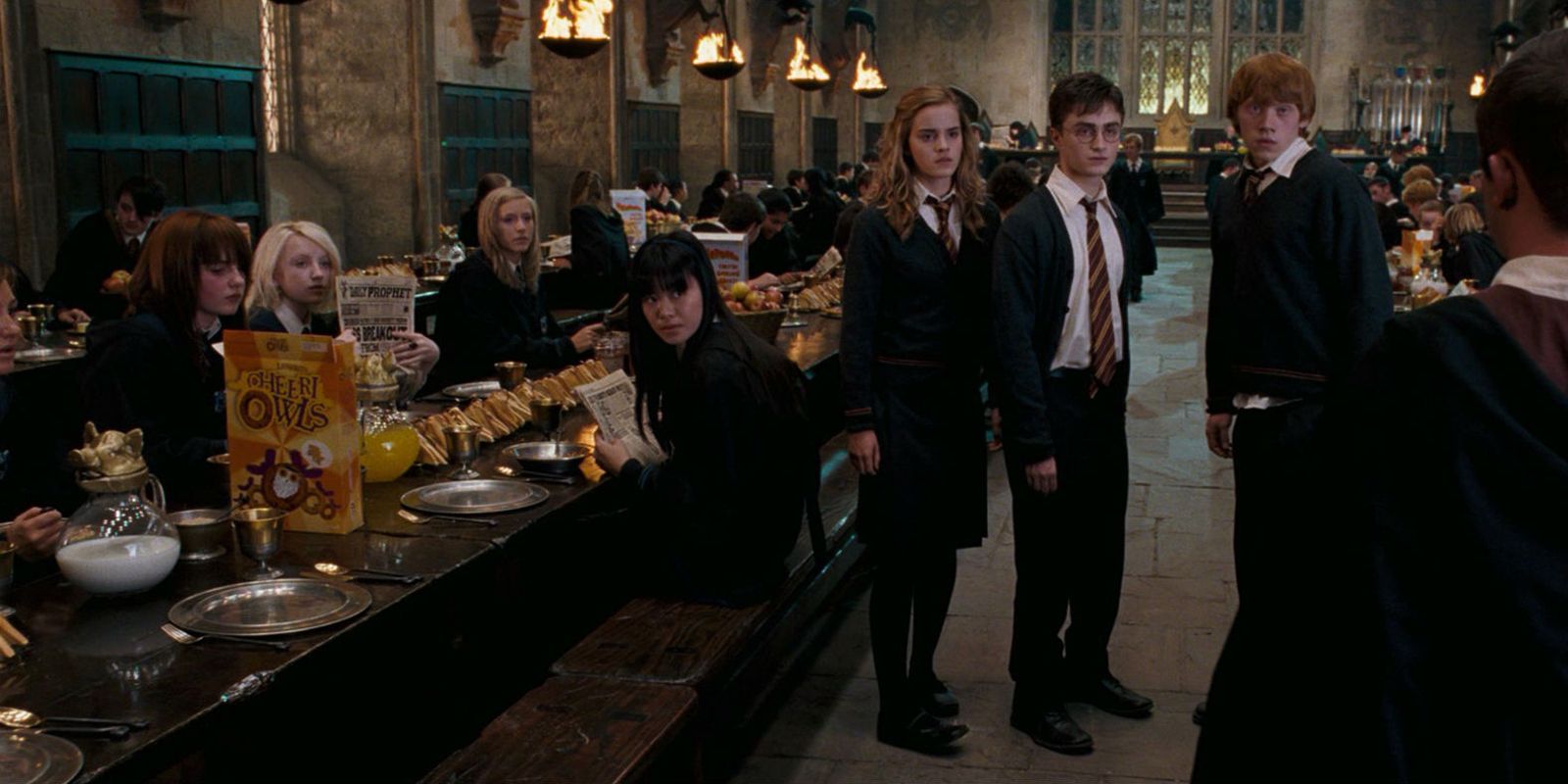 Hogwarts students having breakfast in the great hall in Harry Potter and the Order of the Phoenix.