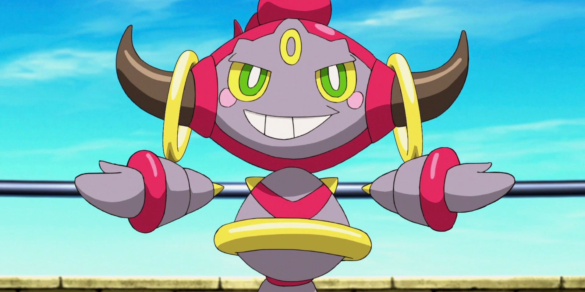 Hoops with its arms outstretched and smirking in the Pokémon anime.