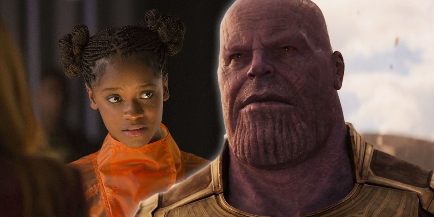 Josh Brolin as Thanos in Avengers: Infinity War with Letitia Wright as Shuri