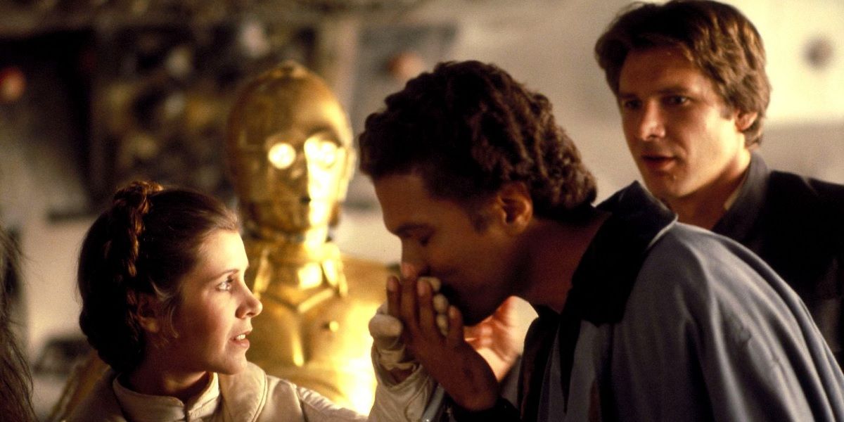 Leia Organa C3PO Lando Calrissian and Han Solo in Star Wars Empire Strikes Back