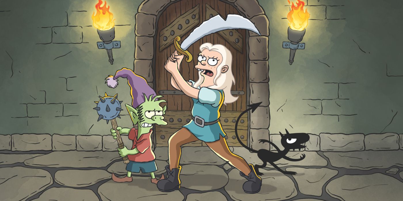 A female warrior holding a sword with her companion in Matt Groening's Disenchantment