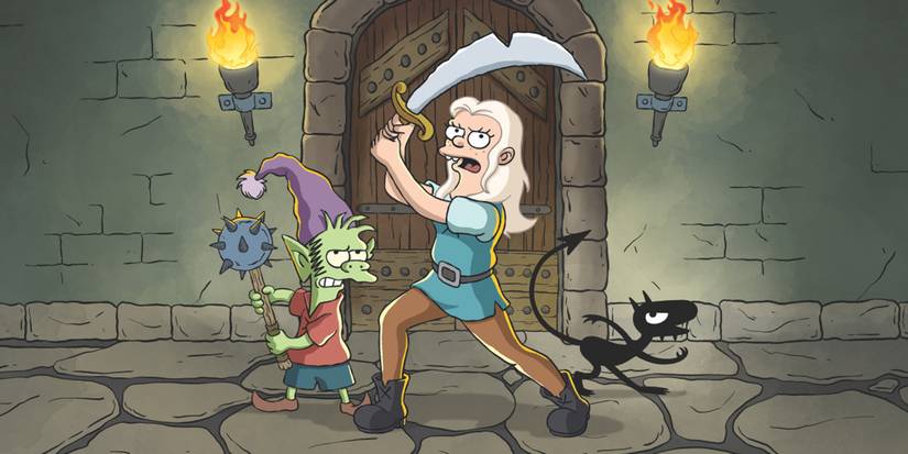 A female warrior holding a sword with her companion in Matt Groening's Disenchantment