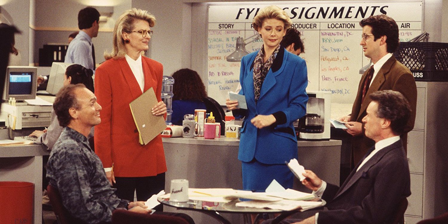 The main cast in the newsroom in Murphy Brown