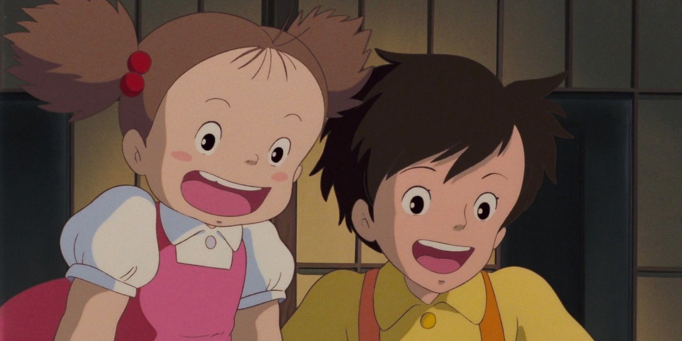 Satsuki and Mei laughing in My Neighbor Totoro