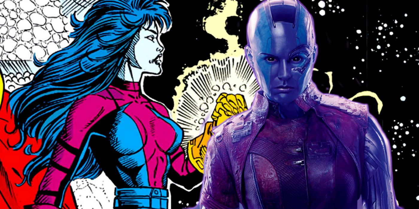 Split image of Nebula with Infinity Gauntlet from comics and Nebula from MCU