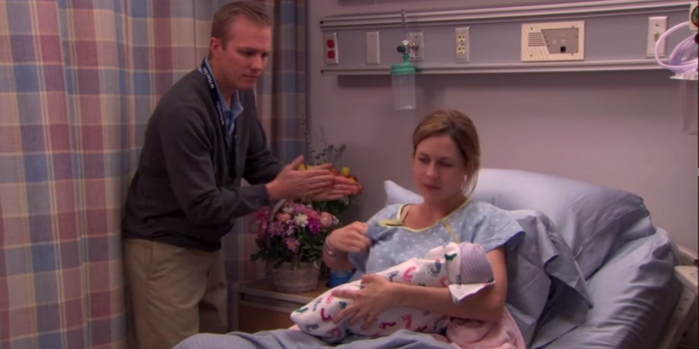 Pam breastfeeding her baby with a nurse nearby on The Office