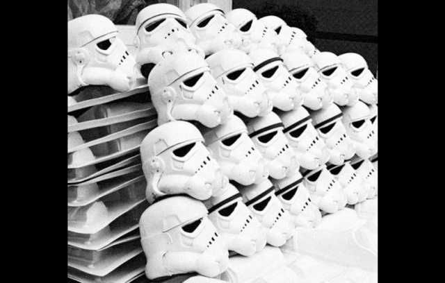 Piles of stunt stormtrooper helmets for Star Wars