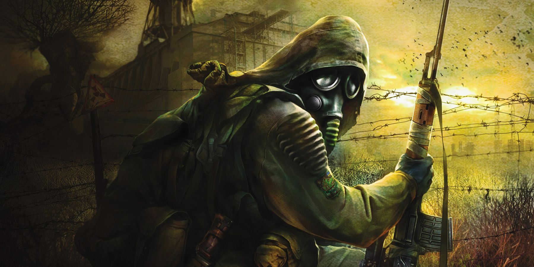 Art from STALKER: Shadow of Chernobyl depicting a gas-mask wearing figure holding a rifle and over their shoulder towards the camera.