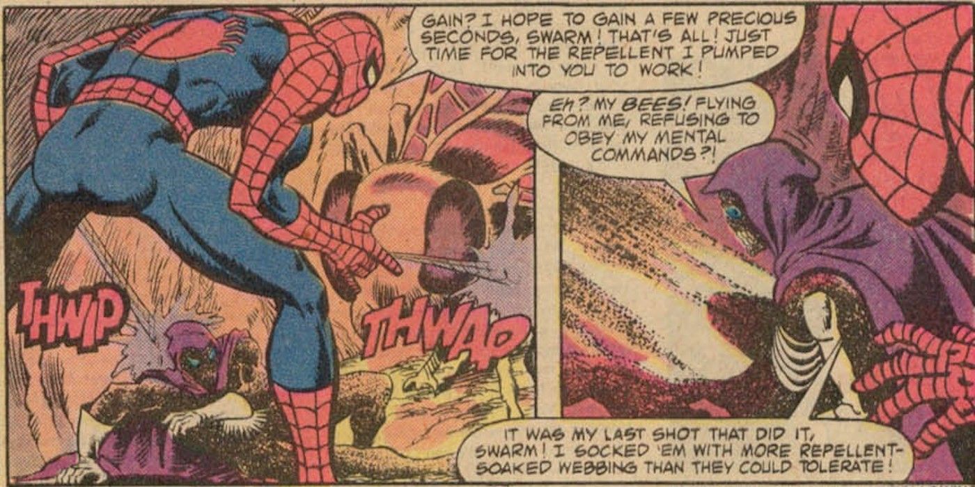 Spider-Man repels chemicals in a fight in the comics