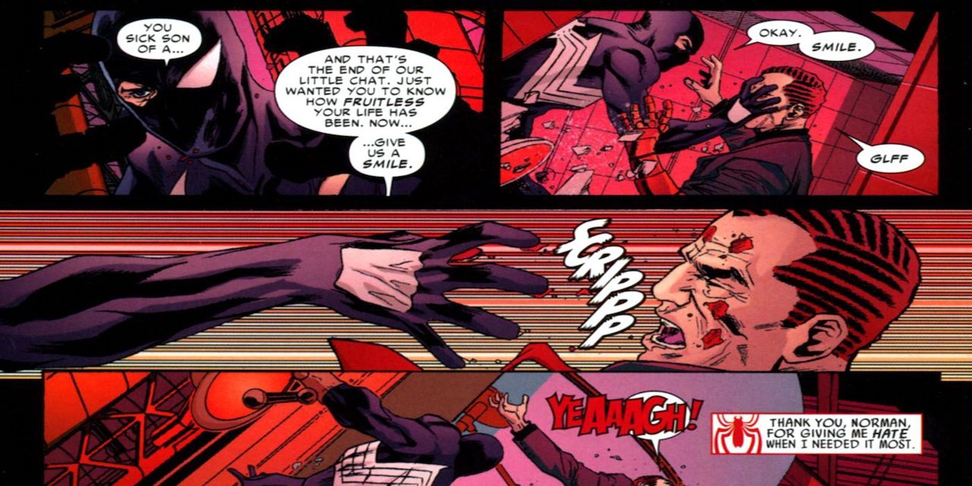 Black suit Spider-Man attacks Norman Osborn in Marvel Comics
