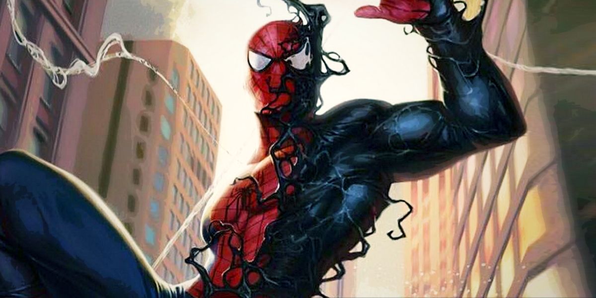 The Venom symbiote begins to cover Spider-Man as he swings between buildings