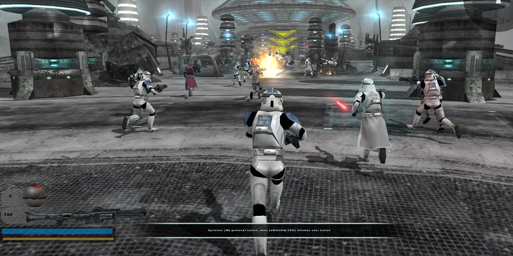 A group of stormtroopers running in Star Wars: Battlefront II