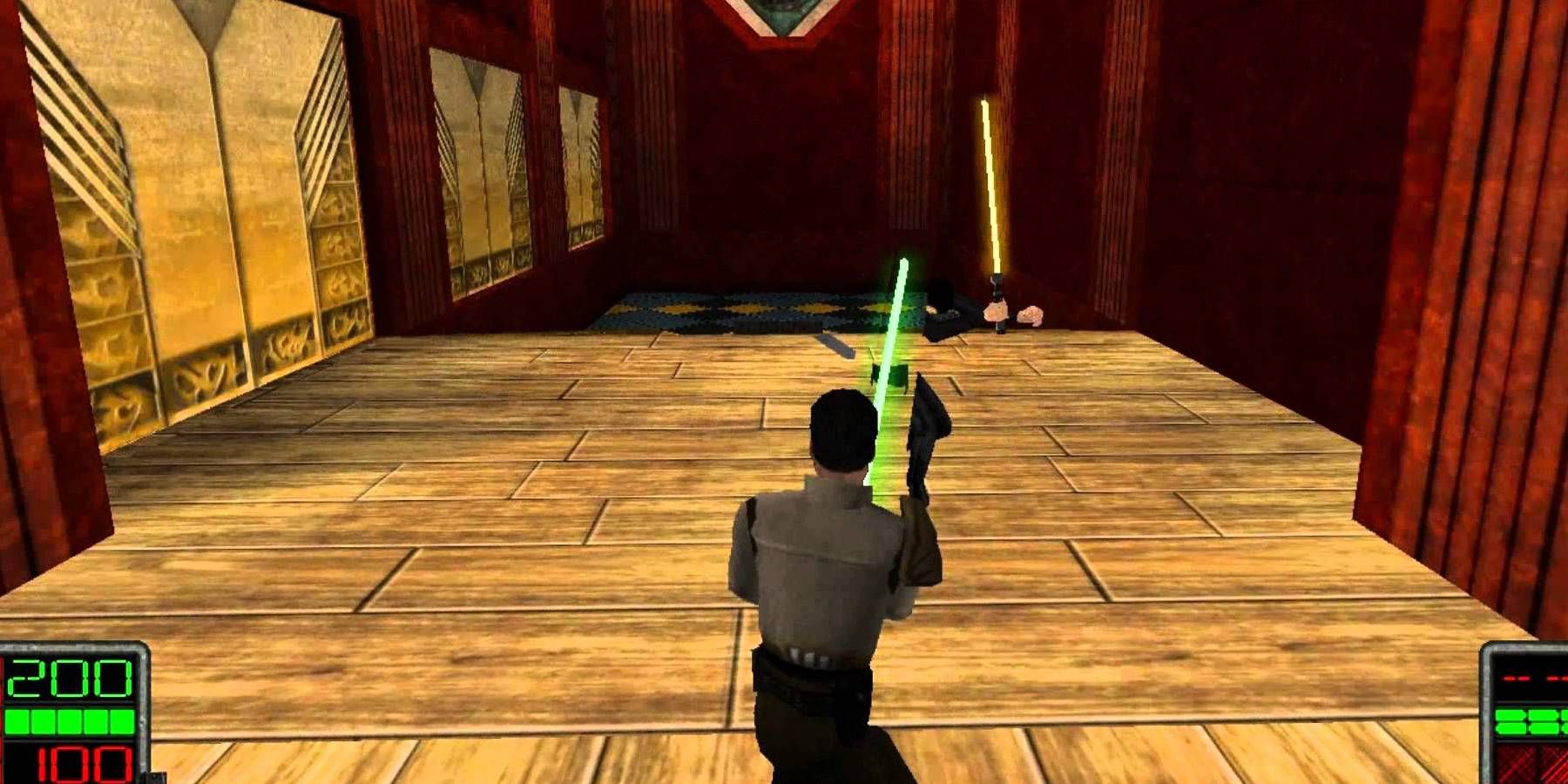 A Jedi looks down a long hallway from Jedi Knight 