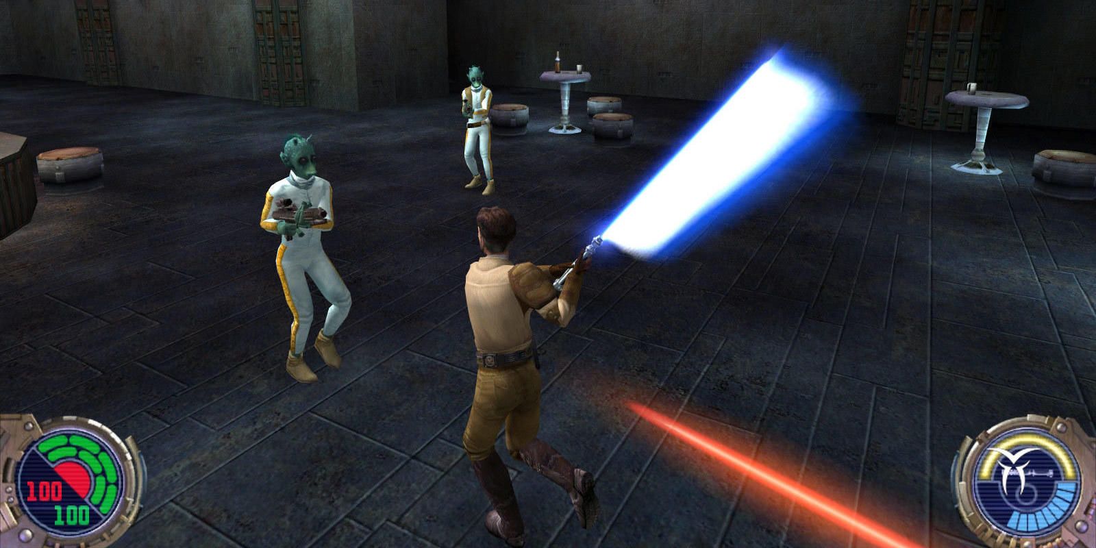 A Jedi swinging his lightsaber in Star Wars Jedi Knight II: Jedi Outcast