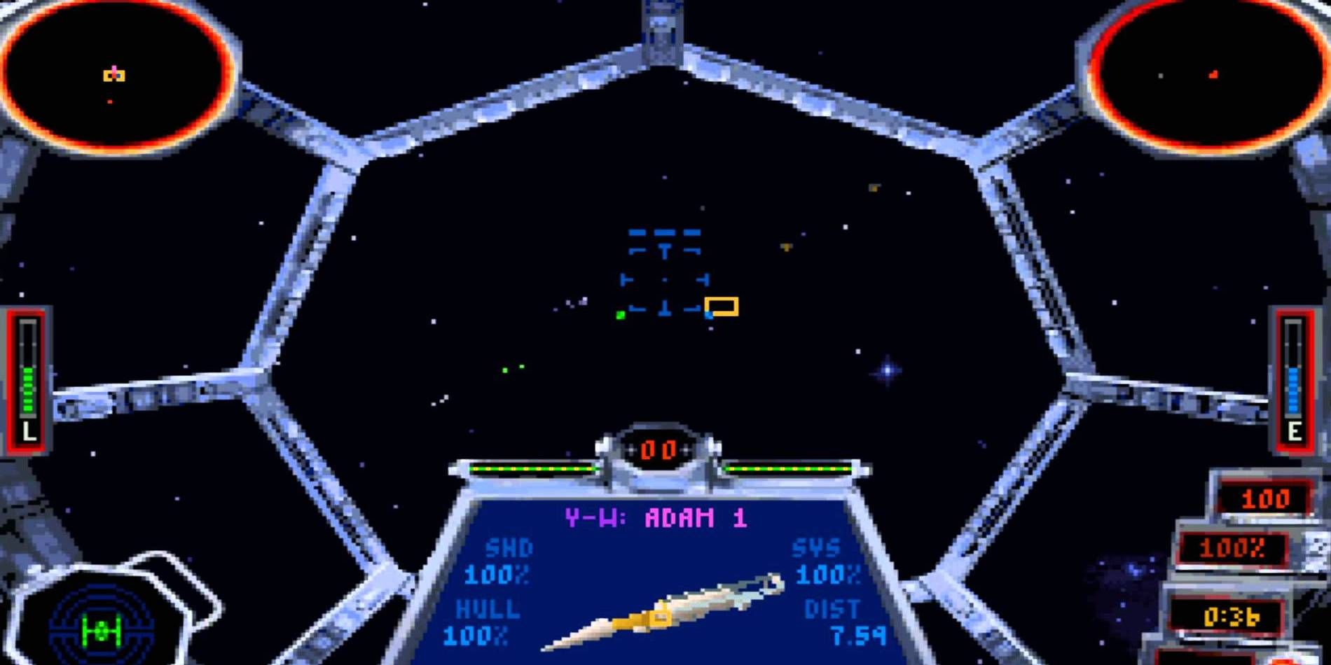 Cockpit view from Star Wars: TIE Fighter as a TIE flies through an expanse of space.