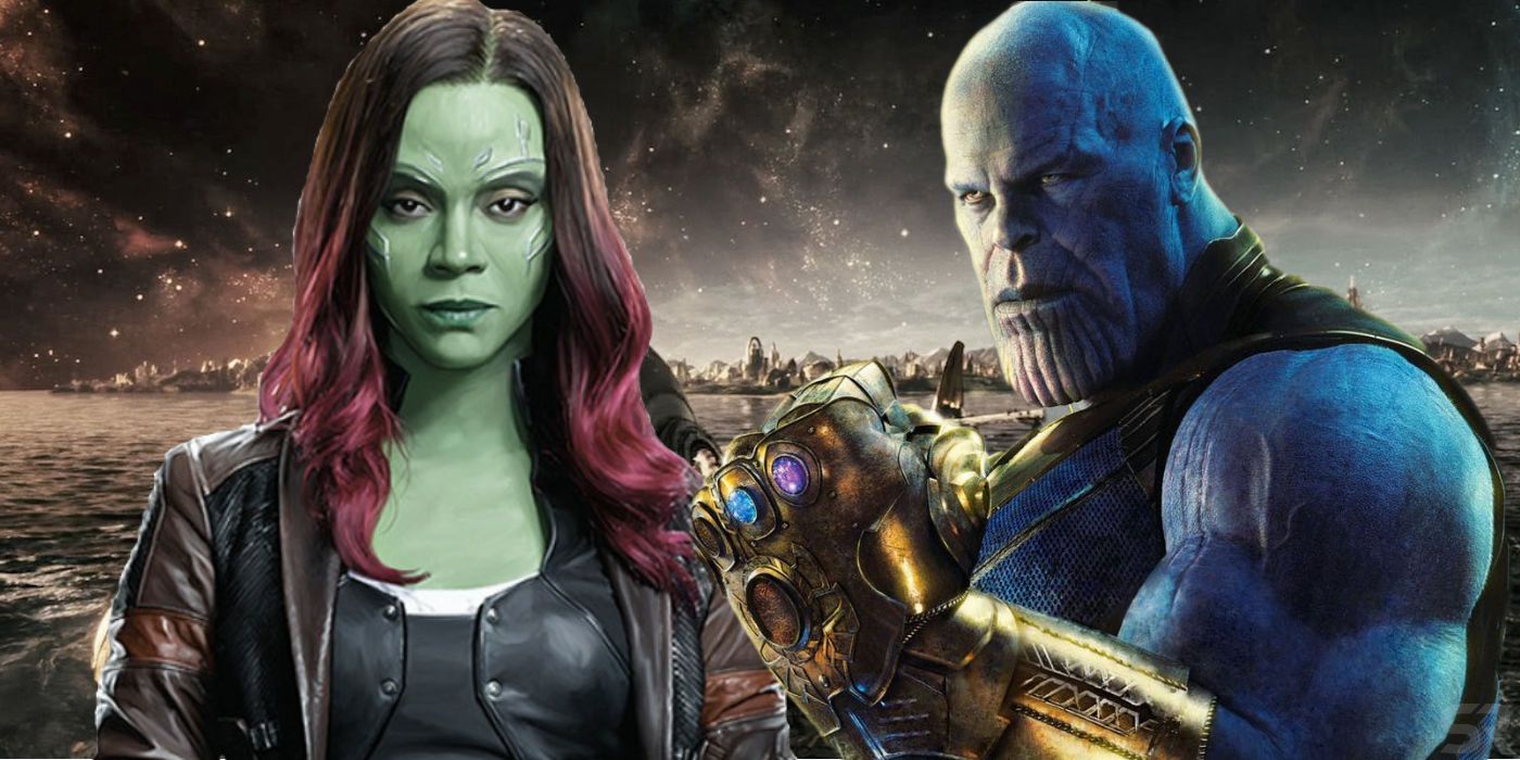 A blended image features the MCU Gamora and Thanos in front of a cityscape