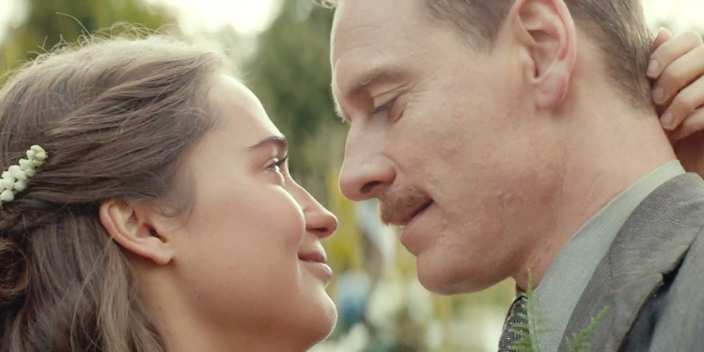 Isabelle and Tom smile at each other in The Light Between Oceans