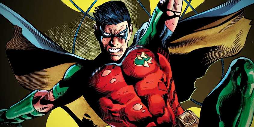 The Rebirth version of Tim Drake's Robin jumping down