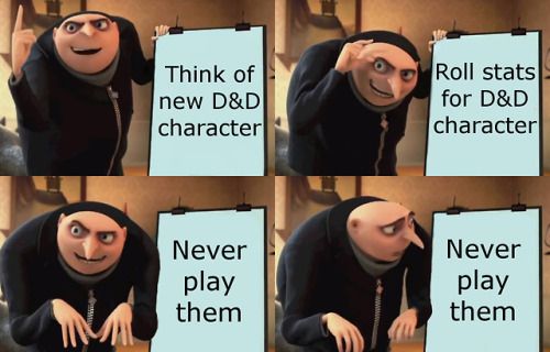 Too many D&amp;D characters, not enough campaigns Gru meme