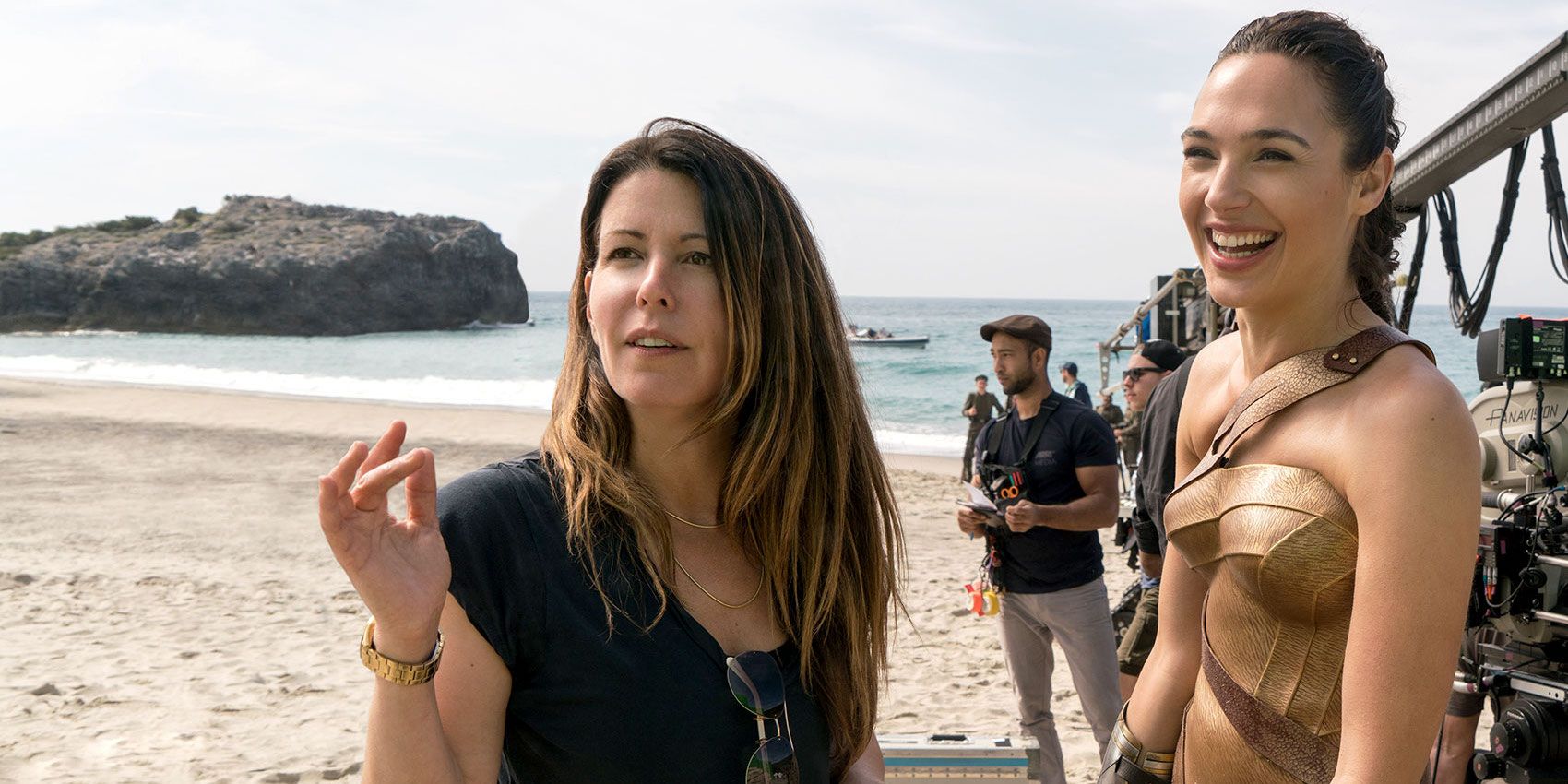 Patty Jenkins directs Gal Gadot on the beach in Wonder Woman