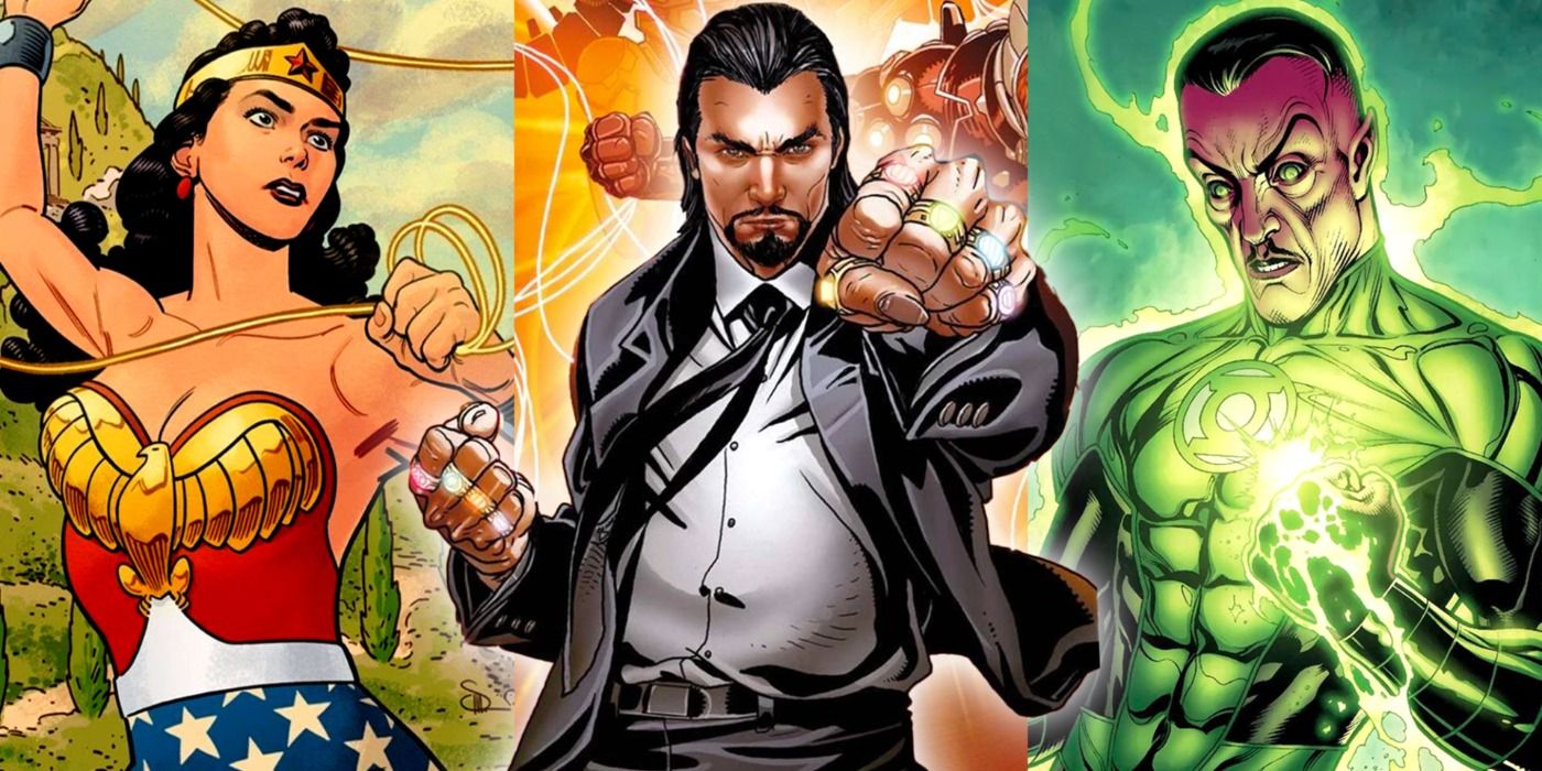 A split image depicts comic book characters Wonder Woman, the Mandarin, and Green Lantern