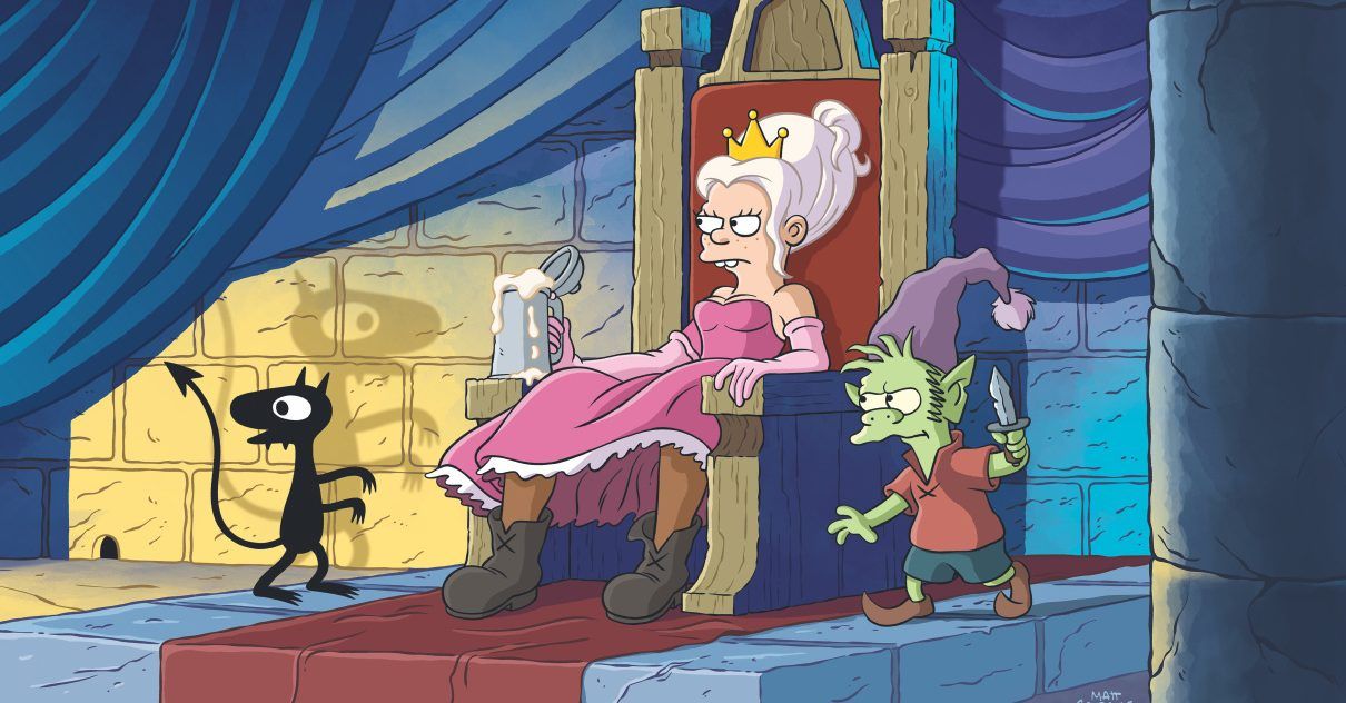 Bean Eflie and Luci in Disenchantment throne room