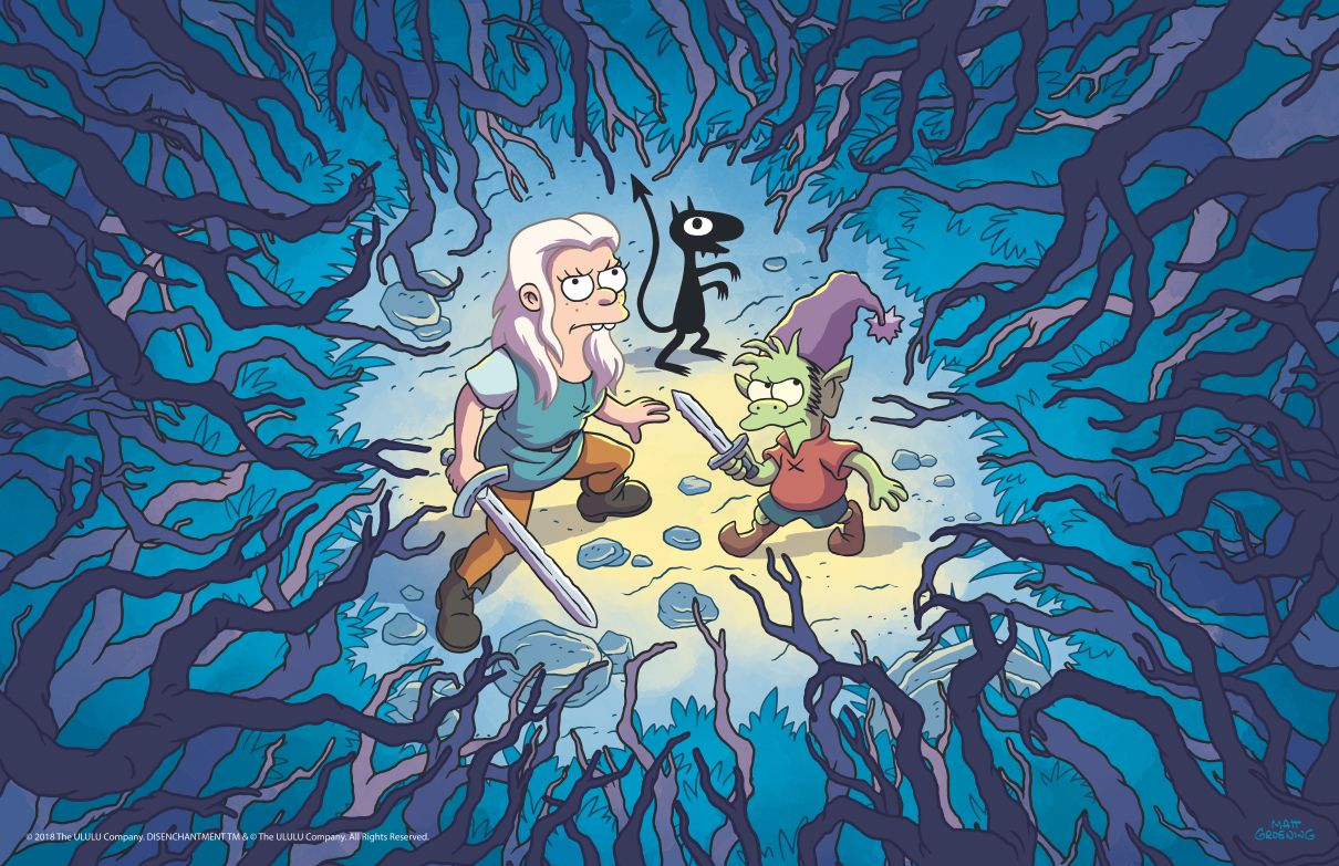 Bean Elfie and Lucy in woods in Disenchantment