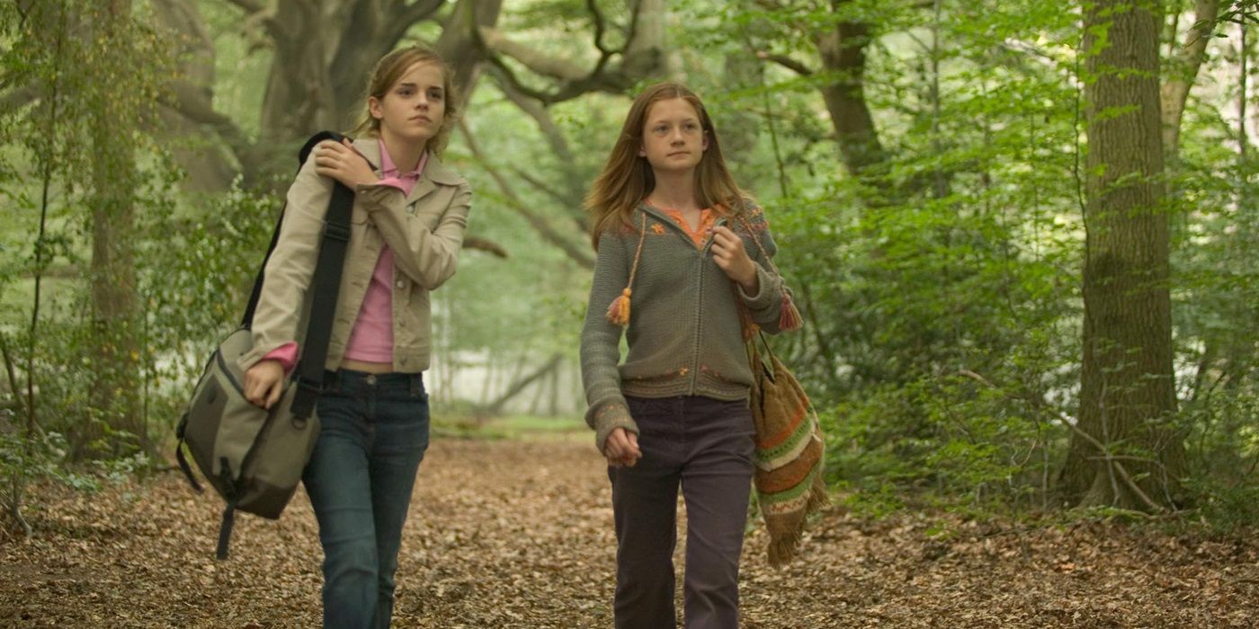 Hermione and Ginny walking in a forest in Harry Potter and the Goblet of FIre