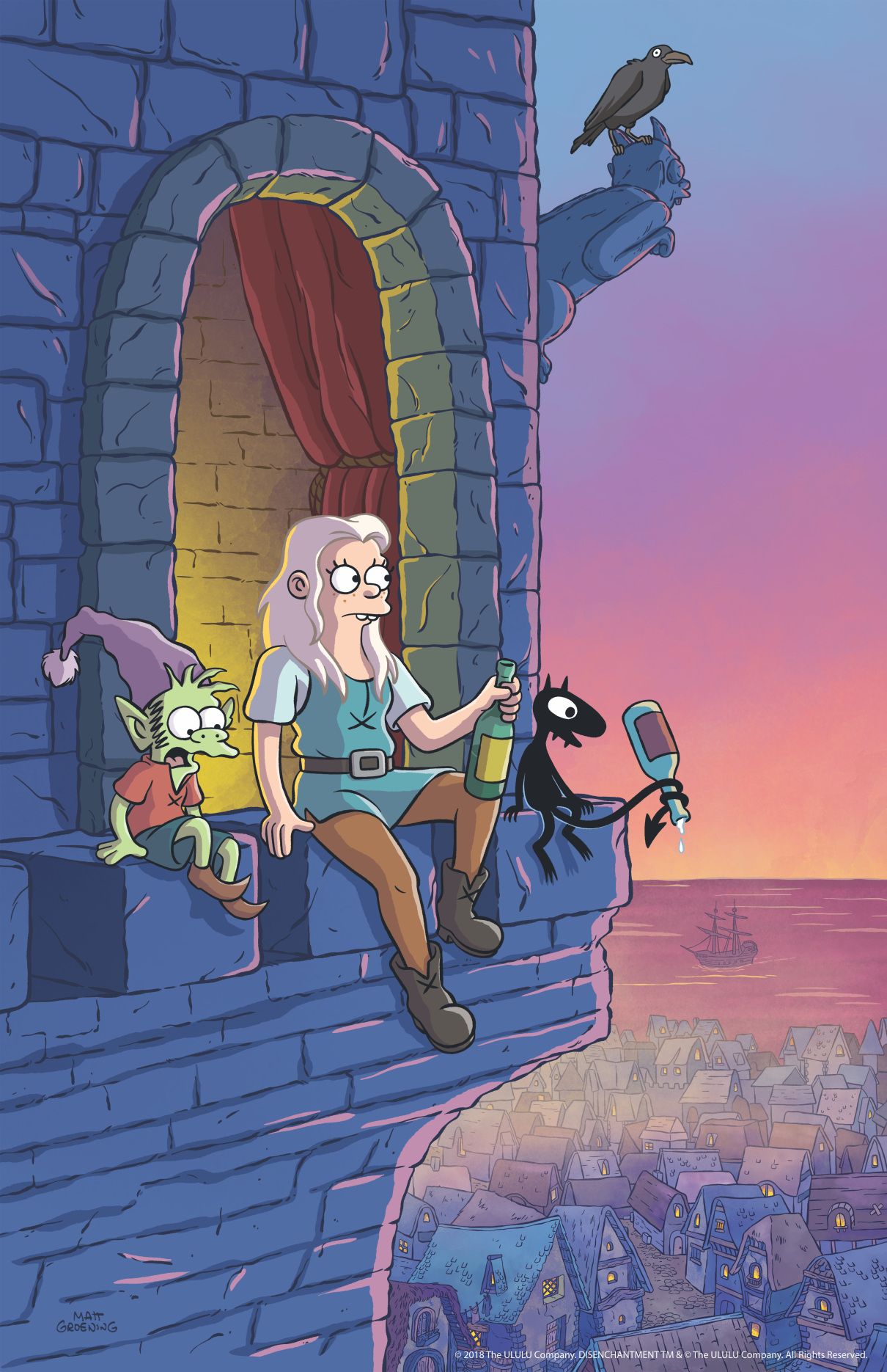 Bean Elfie and Lucy sitting on ledge in Disenchantment 