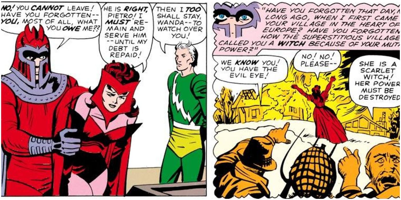 The Scarlet Witch resists Magneto in Marvel Comics.